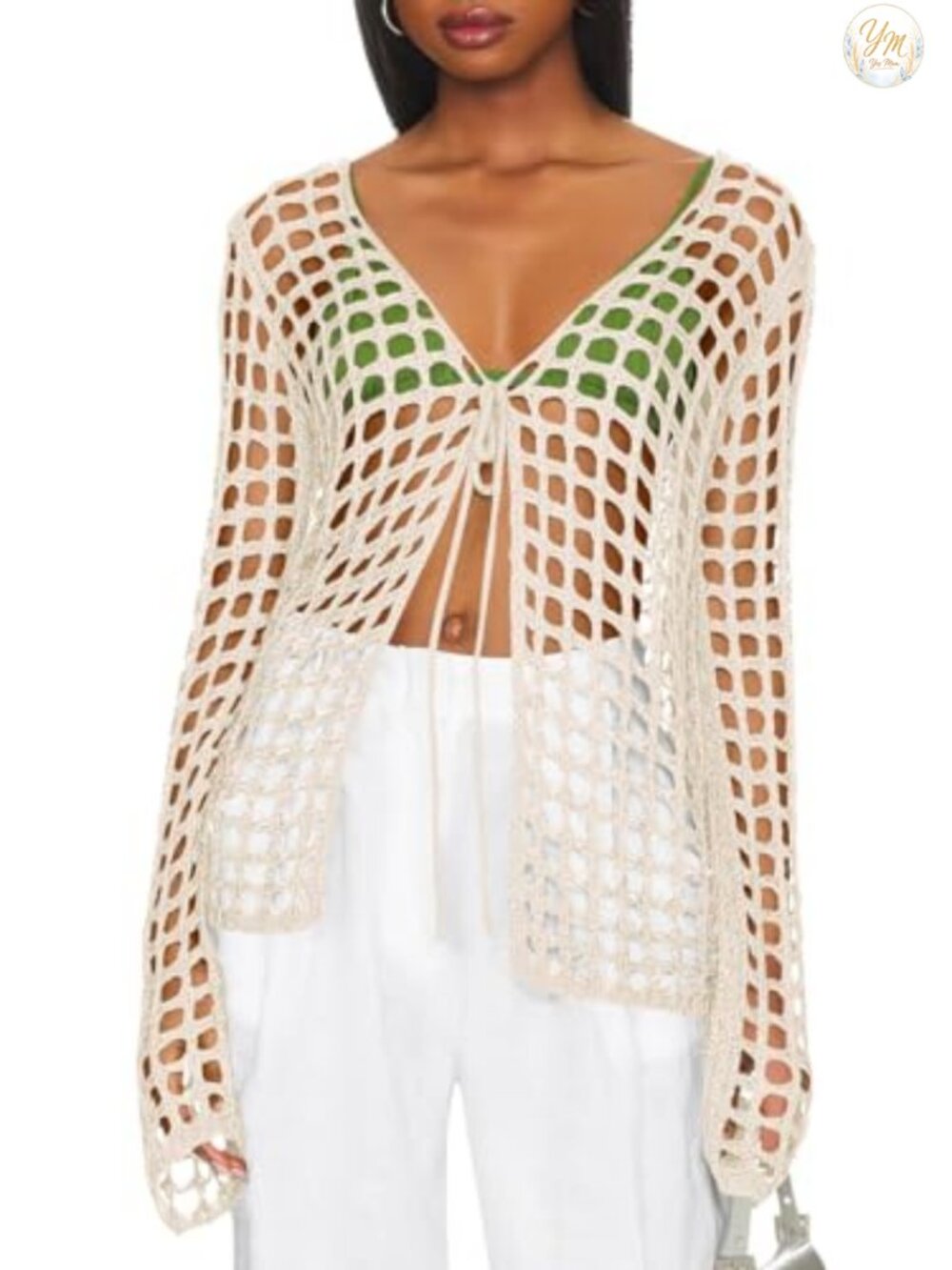 Women Long Sleeve Crochet Tie Front Swim Cover Up Knit Cardigan Hollow Out